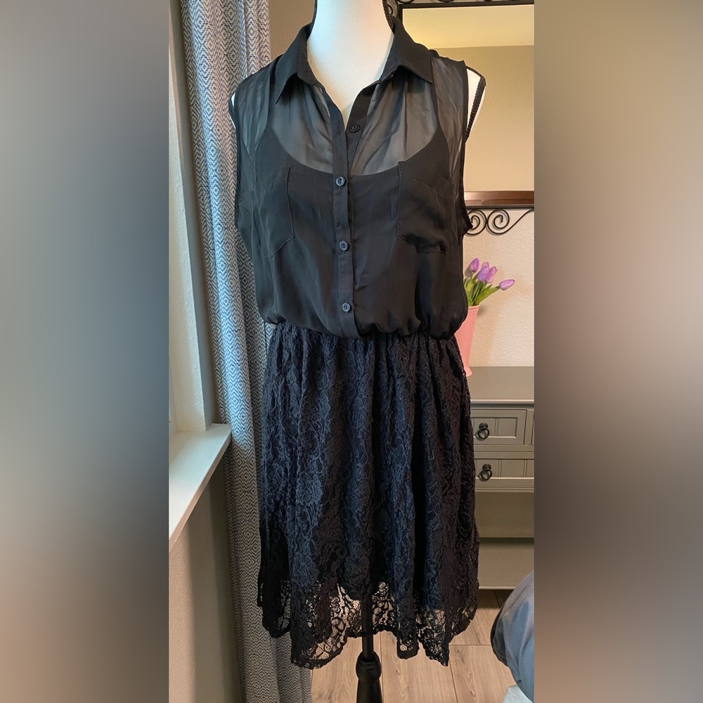 Pleione Size Medium Lace Skirt, Sheer Button-Up Top Black Dress